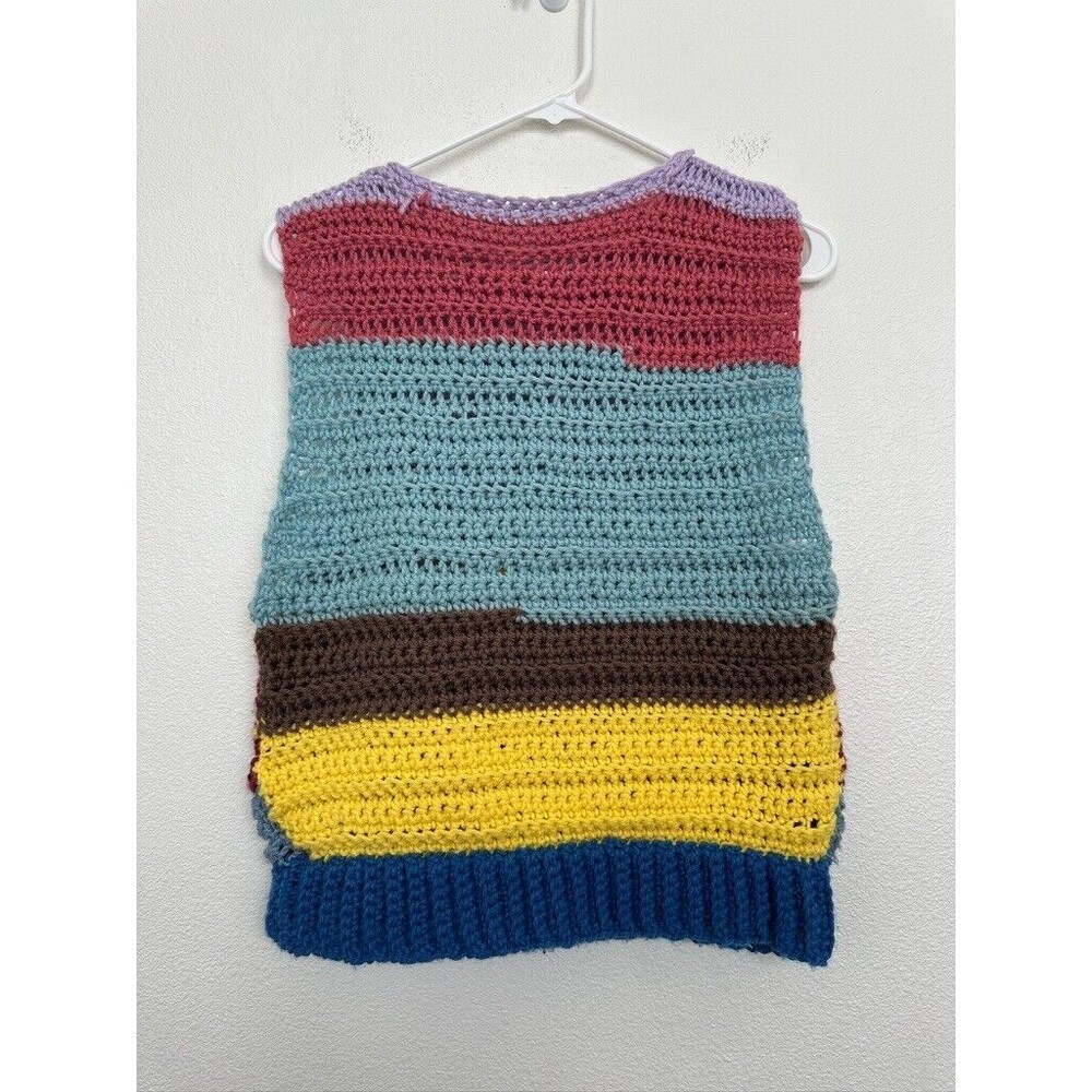 Handmade Colorblock Sweater Vest Sleeveless Crochet Blue Pink Boho Women Medium